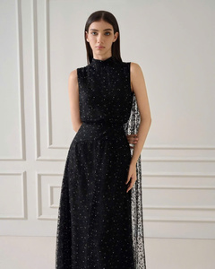 open lace back dress Madeline Long Scuba Crepe Off The Shoulder Drop Dress Black / 16 main image 1