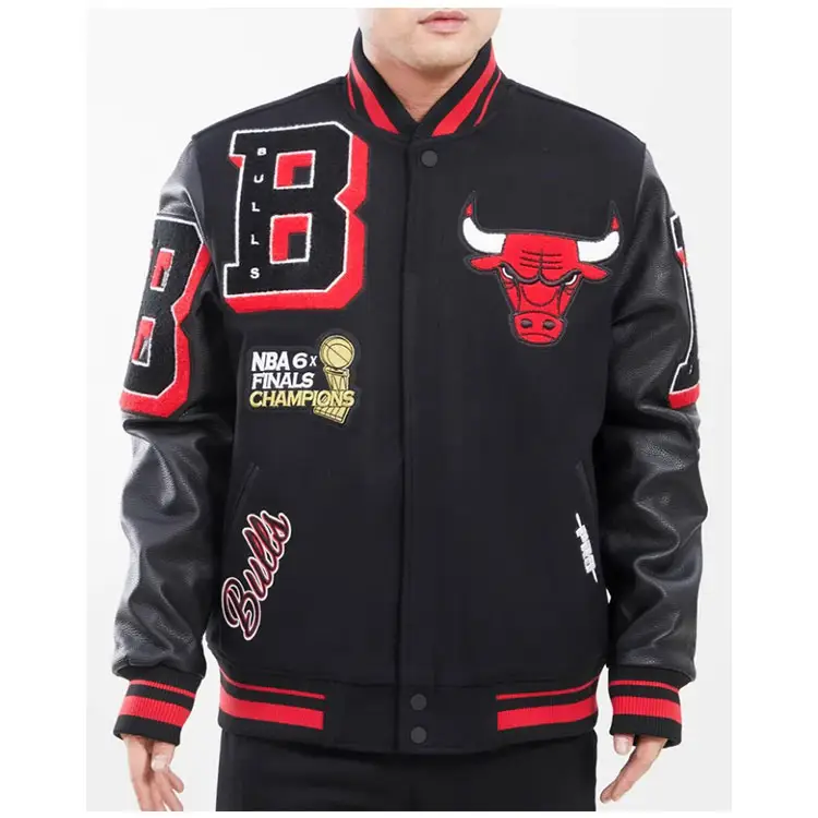 Pro Standard Men's Wool Leather Varsity Jacket Black with Red Color Embroidery Logos, Patches and Labels