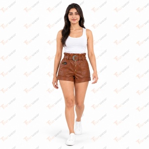 Pantalones cortos de cuero genuino para mujer Tiierwear, pantalones cortos de piel de cordero auténtica de cintura alta, pantalones cortos de cuero informales a la moda para mujer - Product Image 2