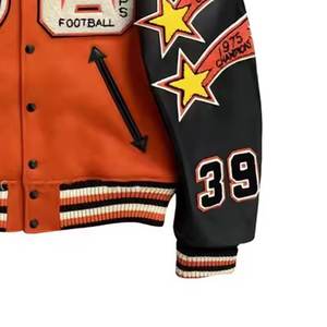 Venta al por mayor de chaquetas universitarias con logotipo personalizado para hombre, ropa de calle de peso pesado, bordado, contraste de colores, diseño de letras, cuero vintage - Product Image 5