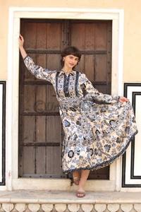 Moda al por mayor señoras vestido elegante Floral bloque estampado vestido para mujer personalizado encaje Puff manga con cinturón vestidos casuales - Product Image 6