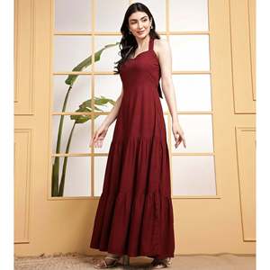 DEEBACO Women's Solid Rayon Halter Neck Tiered Maxi <b>Dress</b> Sleeveless Ankle Length Fit & Flared Summer Western Party Casual Wear - Product Image 3
