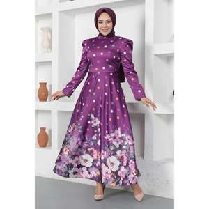 Vestido de Noche Morado con Estampado Floral de Puntos, 100% Poliéster Satinado, Talla XS, Corte en A, Maxi, Estilo de Fiesta, Sin Tejido, MSW12251-1 - Product Image 1