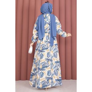 Indigo Palm Pattern Gathered Waist <b>Dress</b> <b>Custom</b> Designed Casual Hippie Style Breathable Knee-Length Size 2XL for Everyday Use - Product Image 5