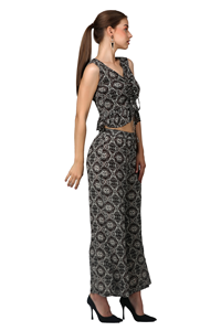 Ensemble coordonné tendance pour femme : crop top et pantalon large, imprimé géométrique moderne, volants, sans manches, à nouer devant, confortable, longueur au sol - Product Image 3