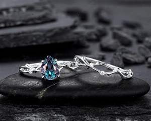 925ลูกแพร์เงินสเตอร์ลิงแพลตตินัมอเล็กซานไดรต์และโมอิสซาไนต์หมั้น14K แหวนสัญญากิ่งไม้ชุบทองคำขาว - Product Image 3