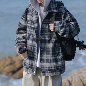 แจ็กเก็ตมีฮู้ดผ้าวูลลายสก็อตสำหรับผู้ชายเสื้อแจ็กเก็ตมอเตอร์ไซค์สไตล์ลำลองทรงหลวมยาวปกติสำหรับฤดูใบไม้ผลิฤดูใบไม้ร่วง - Product Image 5