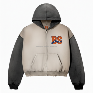 Premium 360 GSM Cotton Fleece Zipper <b>Hoodie</b> Soft Brushed Fabric Two Tone Grey <b>Beige</b> Custom Logo Embroidery basics <b>Hoodie</b> - Product Image 1