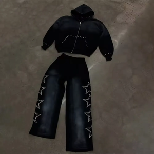 ชุดวอร์มสองชิ้นมีฮู้ดและกางเกงวอร์มประดับพลอยเทียมแบบกำหนดเองทรงหลวมสีสดใส - Product Image 2