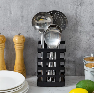 Top Selling Solid Wood Square Base Cutlery Holder Rustic Burnt Metal Black Finish Spoon Shape Kitchen Restaurant Cooking Tools - Product Image 4
