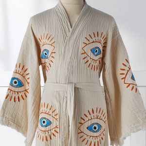 Robe en coton turc à motifs imprimés, motif œil bleu et orange, Kimono - Product Image 2