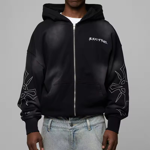 Sweat à capuche brodé poids lourd en éponge française avec logo personnalisé de qualité supérieure Acid Wash Sun Faded Zip up Vintage Oversize Hoody pour hommes - Product Image 1