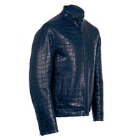 Blouson Bomber Homme Bleu en Cuir PU Gaufré, Col Montant, Fermeture Éclair, Coupe Slim, Manches Classiques, Hiver, Séchage Rapide