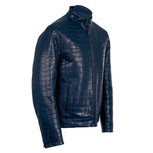 Men's Blue Embossed for PU <b>Leather</b> Bomber <b>Jacket</b> Stand Collar Zipper Closure Slim Fit Regular Sleeve <b>Winter</b> Quick Dry - Product Image 2