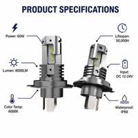 Ampoule de phare de voiture LED H4 6000K Blanc froid 35W 3200lm 12V Lampe de remplacement pour véhicule universel