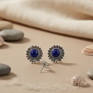 Boucles d'oreilles clous en argent 925 avec lapis-lazuli, diamant et perle pour femme, sertissage mignon pour mariage, fiançailles, anniversaire, fête, cadeau - Product Image 3