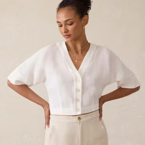 100% lin culture bouton haut Style Vintage décontracté col en v fil teint uni Techniques noël ODM approvisionnement goutte épaule - Product Image 1