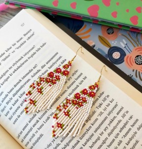 <b>Small</b> Spring Beaded Fringe <b>Earrings</b> Seed Bead <b>Earrings</b> <b>Dangle</b> Boho <b>Earrings</b> Boho Beaded Fringe <b>Earrings</b>, Quill Feather - Product Image 1