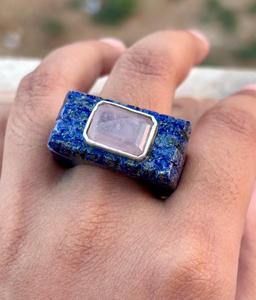 Natural Lapis Lazuli Gemstone <b>Ring</b> With Rose Quartz Centre Stone <b>Statement</b> <b>Ring</b> <b>For</b> Men Or <b>Women</b> Lapis Jewelry - Product Image 3