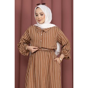 Conjunto Casual de Dos Piezas con Rayas Color Bronceado, Camisa y Falda Corta, Talla XS, Tela Crepé y Tejido de Punto para Verano - Product Image 2