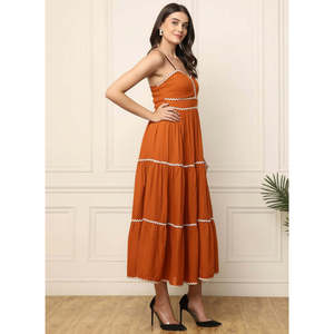 DEEBACO Women's Solid Brown Rayon Tiered <b>Dress</b> Sweet Heart Neck Sleeveless Fit and Flare Maxi Length Party Casual Western Wear - Product Image 5