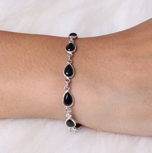Handmade 925 Sterling <b>Silver</b> Bezel Setting <b>Bracelet</b> Solid Onyx Gemstone Natural Black Pear Cabochon 7x9mm Link Chain for Gifts - Product Image 3