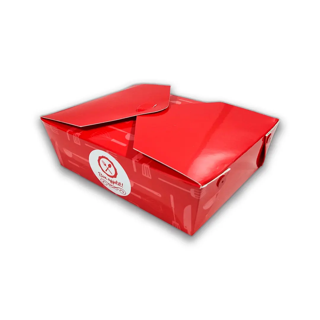 Elegantes cajas rojas de cartón para el almuerzo para llevar, cuatro compartimentos con particiones que mantienen el sabor original de la comida