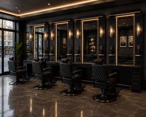 Station de barbier moderne de luxe noire avec miroir LED, construction durable en MDF, étagères de rangement, comptoir |   Barbier professionnel sur mesure - Product Image 5
