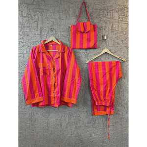 Jaipur's Bohemian Stripe Print Hand Block Printed Cotton Woven Pajama Set Soft Sleepwear Button Drawstring Casual <b>Bridal</b> - Product Image 1