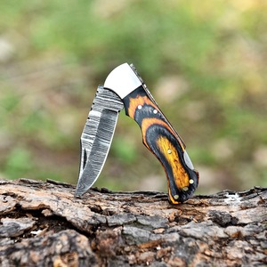 มีดพับเหล็กดามัสกัสแบบทำมือด้ามไม้หนังมีดตั้งแคมป์กลางแจ้งสวยงาม OEM รองรับ - Product Image 2