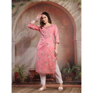 ชุดคุर्ตาผ้าฝ้ายลำลองสำหรับผู้หญิง ดีไซน์หรูหรา ปักลายสีพีช ระบายอากาศได้ดี ความยาวระดับเข่า ออกแบบตามสั่งสำหรับสุภาพสตรีทำงาน - Product Image 2