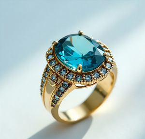 Anillo Ovalado de Topacio Azul de Diseño con Circonitas Cúbicas en Plata de Ley 925 Chapada en Oro de 18K, Regalo para Ella para Ocasiones Especiales - Product Image 6