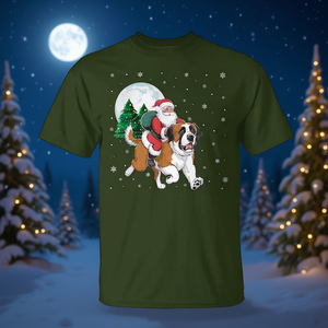 Maglietta promozionale con Babbo Natale che cavalca un cane Saint Bernard e luci dell'albero di Natale - Product Image 3