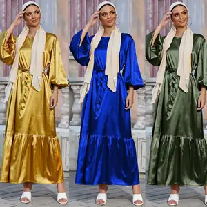 Gaun Maxi Satin Wanita Mode Baru Gaun Abaya Timur Tengah Ruffles Hem Leher O Abaya Gaya Islami dengan Kelim Ruffles