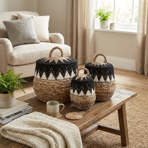 Ensemble de paniers en macramé en écorce de bananier naturelle avec couvercle, motif tribal noir et blanc, pot de rangement, décoration artistique pure pour la conception d'intérieur - Product Image 5