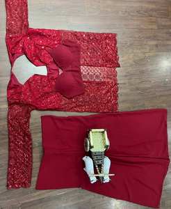 Designer 2025 Women's Sexy <b>Red</b> Three-Piece Salwar Kameez Set Hollow Mesh <b>Long</b> <b>Sleeve</b> <b>Top</b> Autumn Parties Bollywood Quick Dry - Product Image 6