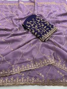 Hermoso Sari de Seda Georgette para Mujer con Bordado, para Bodas y Fiestas en India - Product Image 3