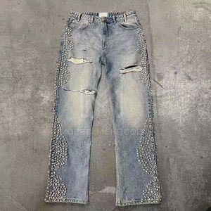 Venta al por mayor último diseño de pantalones de cintura media personalizado ligero patrón recto decoración de diamantes de imitación 100% algodón estilo callejero Pakistán - Product Image 2