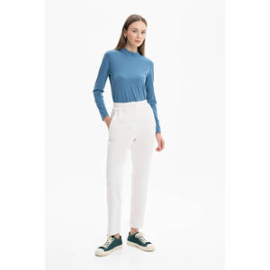 White High-<b>Waist</b> Wide Leg Knitted <b>Trousers</b> with <b>Elastic</b> Waistband - Product Image 1