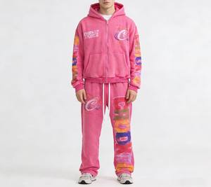 Ensemble survêtement imprimé surdimensionné en coton 100% OEM personnalisé, survêtement en molleton délavé à l'acide, pantalon de survêtement évasé et sweat-shirt pour hommes - Product Image 1