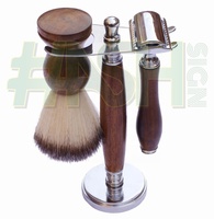 Ensemble de rasage pour hommes 4 pièces Rasoir de sécurité à double tranchant avec brosse synthétique noire Manche en bois pour le soin du visage et des cheveux