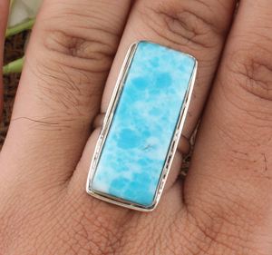 925 Sterling Silver Minimalist Designer Ring avec Rectangle Turquoise Gemstone À La Main Larimar De Mariage Bague En Gros - Product Image 2