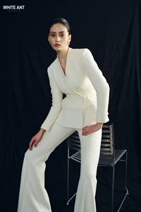 กางเกงผ้าโพลีเอสเตอร์สแปนเด็กซ์สีขาวดำสำหรับผู้หญิงกางเกงขาบานขายส่ง - Product Image 6