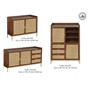 Aparador moderno de 2 puertas y 3 cajones en madera maciza de mango con caña de ratán y base de hierro, acabado marrón y dorado para almacenamiento de comedor y hotel - Product Image 3