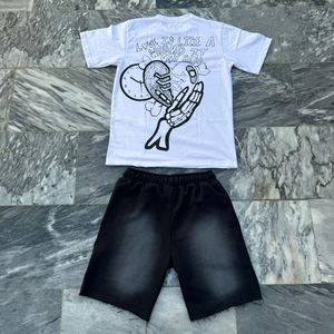 Sun Faded Screen Print Puff Print T-shirt Shorts Vintage Acid Wash Chándal con 2 piezas Traje de verano para hombres - Product Image 2