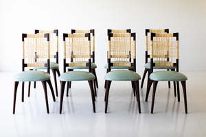 Silla de comedor moderna hecha a mano con respaldo de caña tejida, marco de madera de teca y cojín tapizado verde claro - Product Image 6