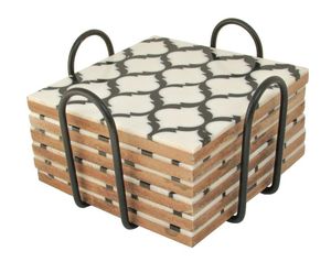 Juego de posavasos indios de nogal con incrustaciones de hueso tradicionales bajo demanda en diseño geométrico en blanco y negro para cocina moderna - Product Image 1