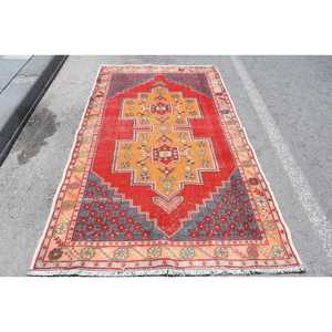 Large Area Turkish Rug Classic <b>Red</b> Yellow Patchwork Design 4.4x7.7ft Wool <b>Material</b> 10mm Latex Kilim for Hallway Room Decor - Product Image 1