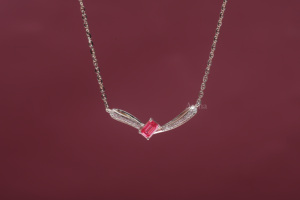 IGI Certified Lab Grown Diamond Emerald Cut Pink <b>Ruby</b> <b>Necklace</b> in 18K White Gold Minimalist V Shape Designer Pendant <b>Necklace</b> - Product Image 4