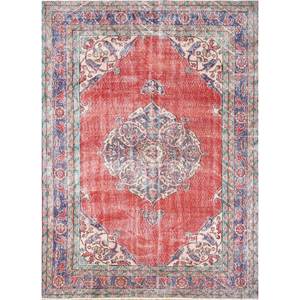 Tapis en laine vintage 9x12 rouge et orange, noué à la main, motif médaillon, pour salon ou couloir, tissage rectangulaire - Product Image 1